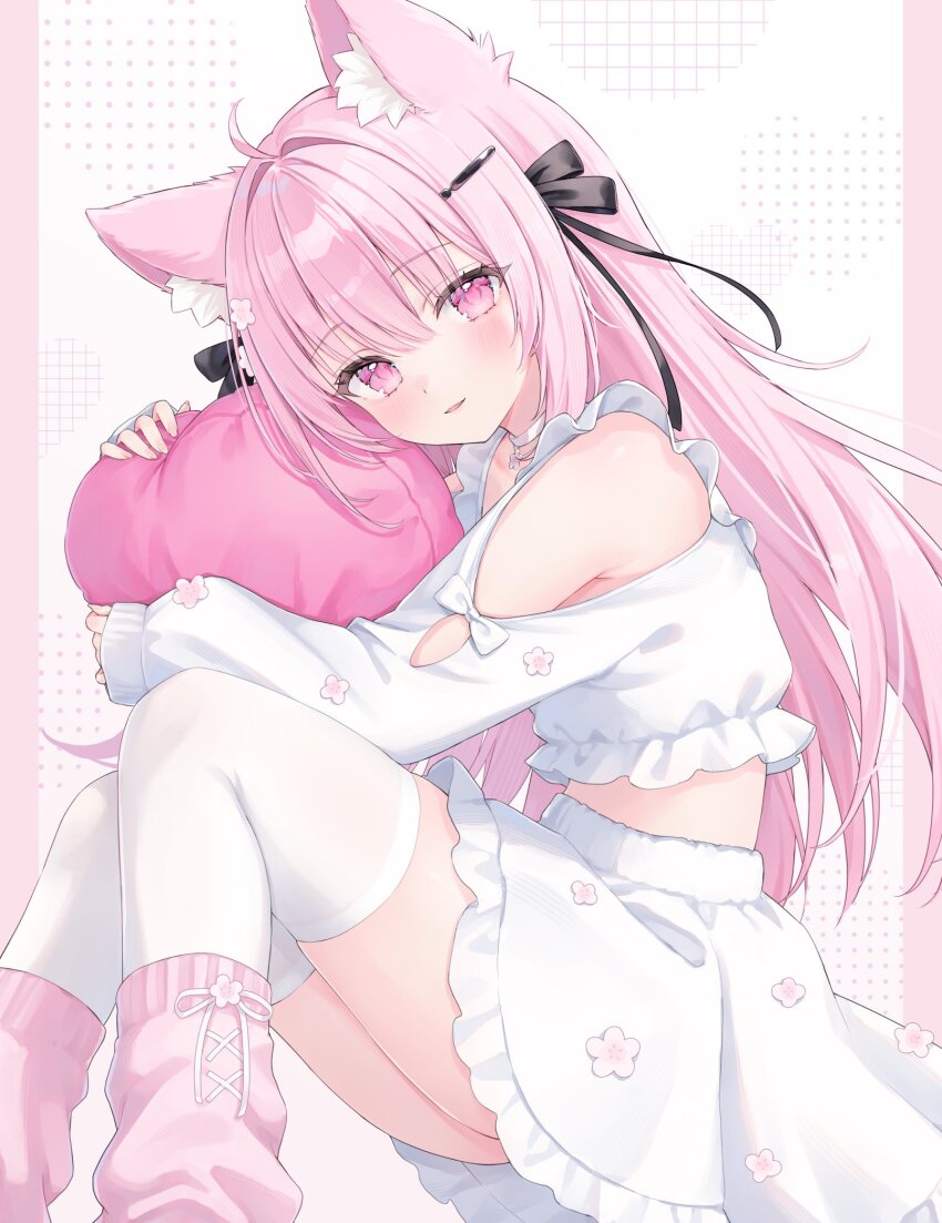 1girl ahoge animal_ear_fluff animal_ears armpit_crease bare_shoulders cat_ears choker clothing_cutout commentary commission crop_top english_commentary frilled_shirt frills hair_ornament hair_ribbon hairclip high-waist_skirt highres hugging_object long_hair long_sleeves looking_at_viewer loose_socks midriff original parted_lips pillow pillow_hug pink_eyes pink_hair pink_socks ribbon shano_hiyori shirt shoulder_cutout skeb_commission skirt smile socks solo thighhighs white_choker white_shirt white_skirt white_thighhighs