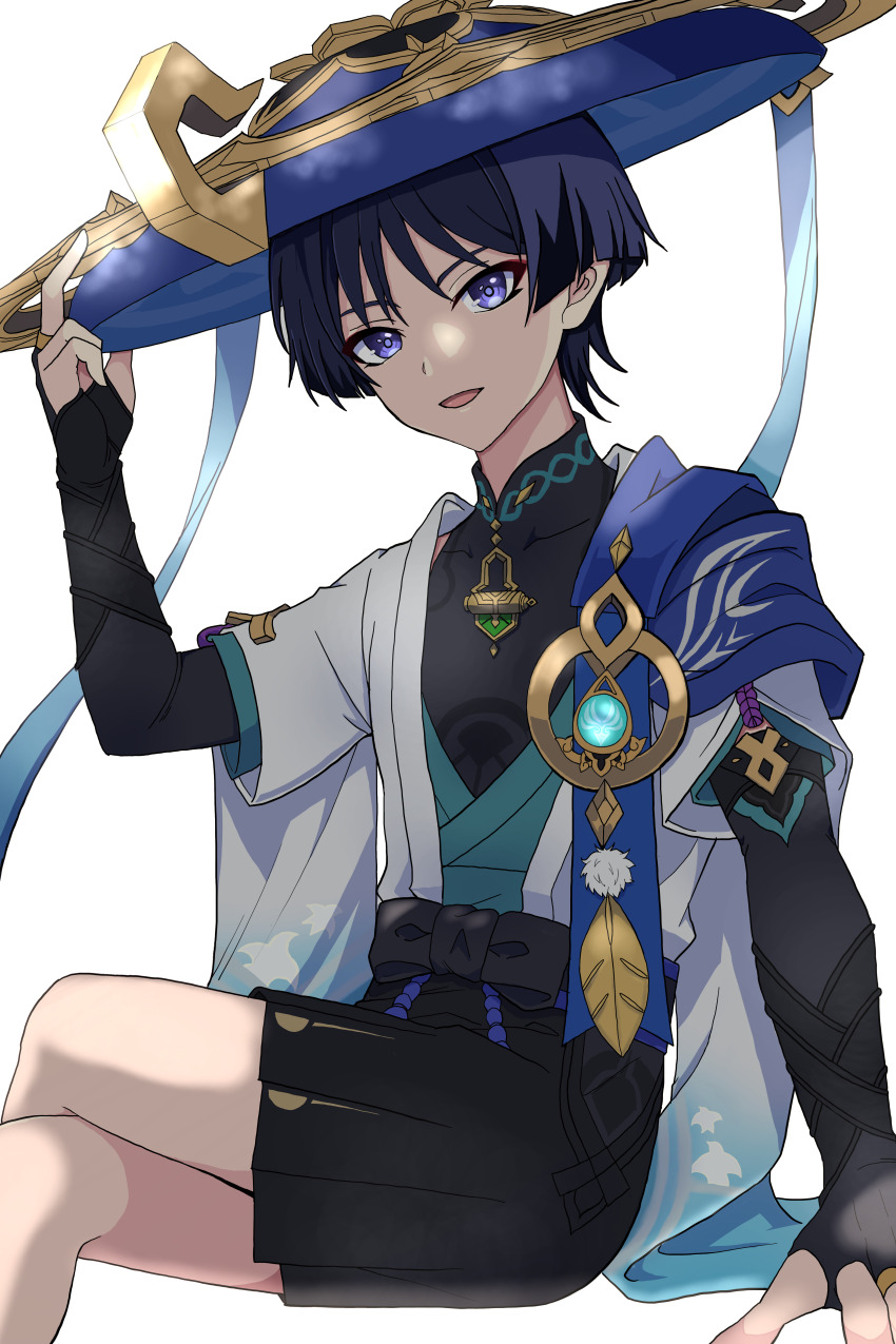 1boy absurdres anemo_symbol_(genshin_impact) animal_print arm_at_side arm_support armor bird_print black_bodysuit black_bow black_bridal_gauntlets black_hair black_shorts blue_cape blue_gem blue_hat blue_kimono blue_sash blue_sleeves blunt_ends bodysuit bow bridal_gauntlets cape clothing_cutout commentary_request covered_collarbone crossed_legs eyeliner eyeshadow feathers furisode gem genshin_impact gold gold_ring hakama hakama_shorts hand_up hat highres hip_vent japanese_armor japanese_clothes jingasa juban kimono kote kurokote layered_sleeves looking_at_viewer makeup male_focus mandarin_collar middle_ring open_clothes open_kimono open_mouth pleated_shorts pom_pom_(clothes) purple_eyes purple_pupils red_eyeliner red_eyeshadow sash scaramouche_(genshin_impact) short_sleeves shorts shoulder_peek sitting solo tsurime urate_(mearo) wanderer_(genshin_impact) white_background white_kimono white_sleeves white_trim wispy_bangs yellow_feathers