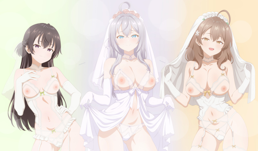 3girls :d absurdres ahoge alisa_mikhailovna_kujou artist_name audirenze bare_shoulders black_hair blue_eyes blush breasts bridal_lingerie bridal_veil brown_hair choker cleavage collarbone commentary dress elbow_gloves garter_belt garter_straps gloves gluteal_fold grey_hair hair_ornament hand_on_own_hip highres large_breasts lingerie long_hair looking_at_viewer mariya_mikhailovna_kujou medium_breasts multiple_girls navel nipples open_mouth paid_reward_available panties purple_eyes simple_background smile smirk standing stomach suou_yuki thighhighs tokidoki_bosotto_roshia-go_de_dereru_tonari_no_alya-san twitter_username underwear veil very_long_hair white_choker white_dress white_garter_belt white_garter_straps white_gloves white_panties white_thighhighs