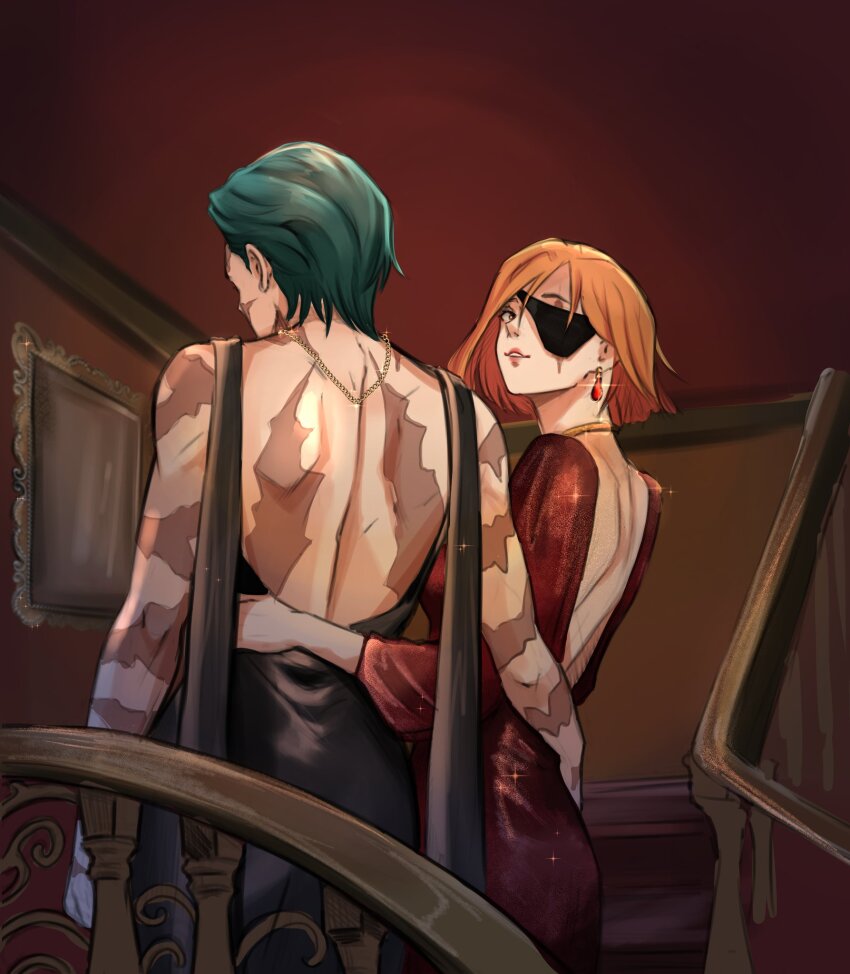 2girls backless_dress backless_outfit black_dress commentary dress earrings eyepatch green_hair hand_on_another's_waist highres indoors jewelry jujutsu_kaisen kugisaki_nobara lumen_sky multiple_girls necklace orange_hair parted_lips red_dress scar scar_across_eye scar_on_arm scar_on_back scar_on_face short_hair smile yuri zen'in_maki