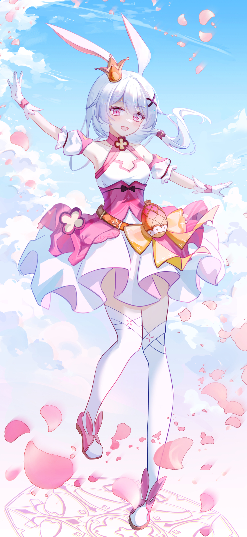 1girl :d absurdres animal_ears armpits blue_sky cloud cloudy_sky commentary crown dress fox_ears full_body gloves highres honkai_(series) honkai_impact_3rd open_mouth petals pink_dress pink_eyes ponytail side_ponytail sky smile solo theresa_apocalypse theresa_apocalypse_(magic_girl_teriri) theresa_apocalypse_(sakuno_rondo) thighhighs white_gloves white_hair white_paper_is_not_paper white_thighhighs