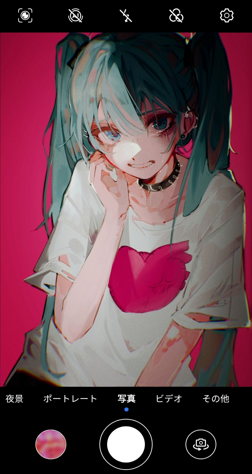1girl anti-eyebrow_piercing aqua_eyes aqua_hair aqua_nails blue_eyes chromatic_aberration clenched_teeth collar collarbone commentary crying crying_with_eyes_open cuts drooling ear_piercing face_piercing fake_screenshot hair_between_eyes hand_up hatsune_miku highres injury laari_000 lip_piercing long_hair looking_at_viewer piercing pink_background print_shirt sad sad_girl_sex_(vocaloid) self-harm shirt simple_background solo spiked_collar spikes t-shirt tears teeth torn_clothes twintails upper_body very_long_hair vocaloid