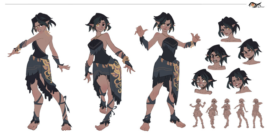 1girl angry bare_shoulders black_hair bracelet breasts closed_eyes dress earrings elf expression_chart feet flat_color freckles full_body heterochromia highres jewelry medium_breasts multiple_expressions pointy_ears qifeng_lin reference_sheet short_hair sketch smile surprised white_background