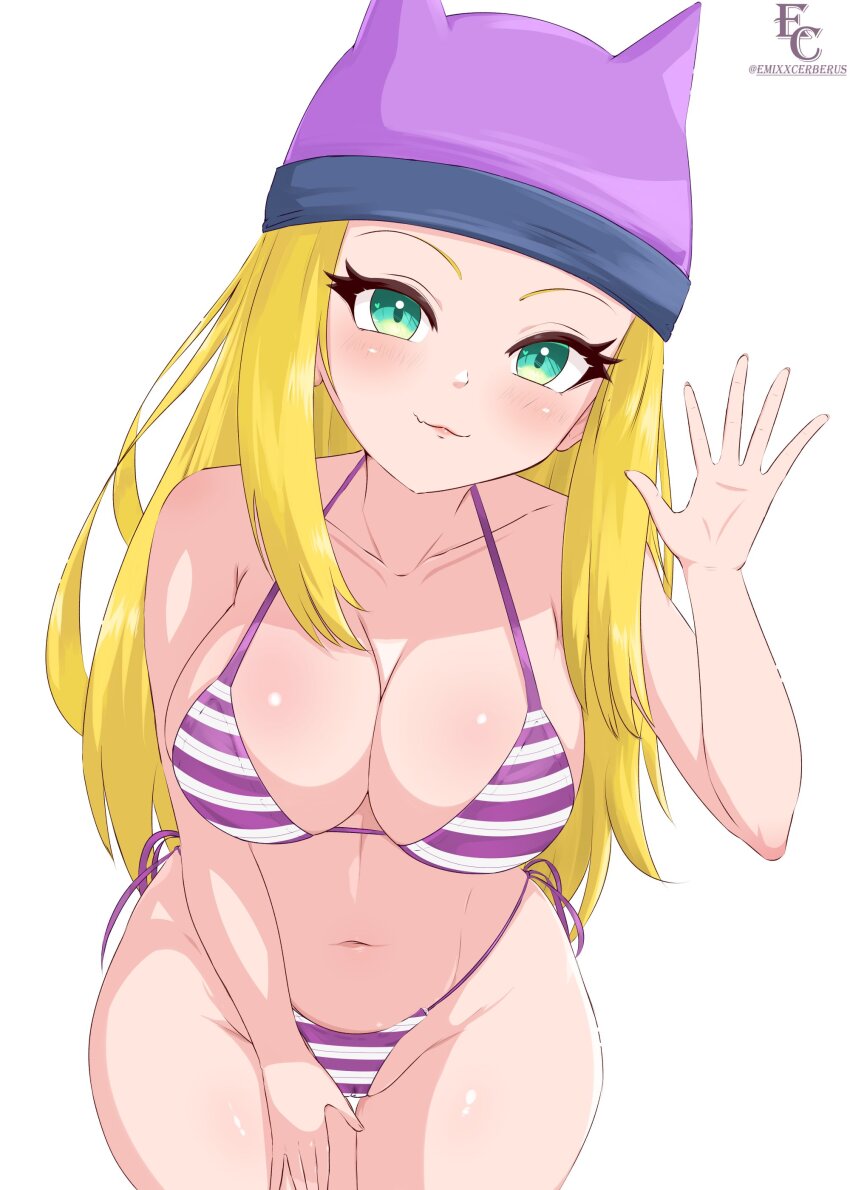 1girl :3 animal_hat bikini blonde_hair blush breasts cameltoe cat_hat cleavage collarbone digimon digimon_frontier emixxart fang green_eyes hand_on_own_thigh hat heart heart_in_eye large_breasts leaning_forward long_hair looking_at_viewer navel orimoto_izumi purple_bikini purple_hat side-tie_bikini_bottom smile standing striped_bikini striped_clothes swimsuit symbol_in_eye waving white_background