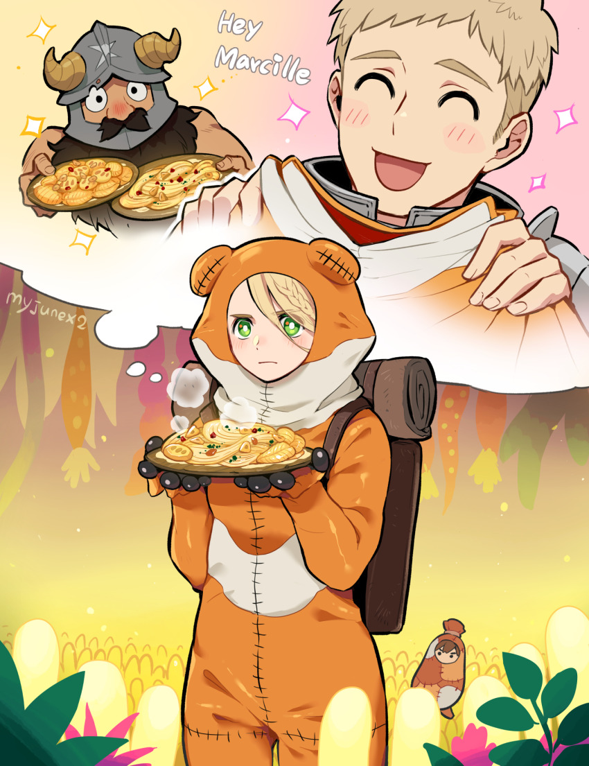 1boy 1girl ^_^ animal_costume armor backpack bag beard black_hair blonde_hair blush braid braided_bangs brown_hair chilchuck_tims closed_eyes covered_mouth cowboy_shot dungeon_meshi dwarf english_text facial_hair facing_viewer fake_horns field food frog_costume giving gradient_background green_eyes grey_hair hair_between_eyes halfling hands_up helmet highres holding holding_plate horned_helmet horns imagining laios_touden long_beard long_hair looking_ahead marcille_donato mustache noodles official_alternate_costume patchwork_clothes pelt plate plate_armor senshi_(dungeon_meshi) short_hair solo_focus speech_bubble standing steam tentacles thought_bubble twitter_username wooni