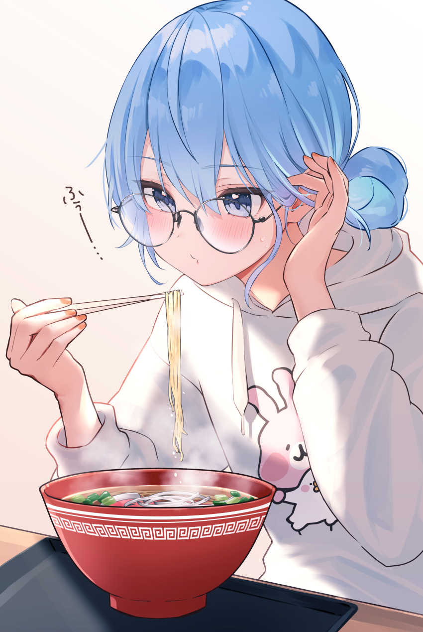 1girl absurdres blowing_on_food blue_eyes blue_hair blush bowl chopsticks fingernails folded_ponytail food glasses hair_behind_ear highres holding holding_chopsticks holding_own_hair hololive hood hoodie hoshimachi_suisei nail_polish nisi_ki_no noodles open_mouth orange_nails ramen solo soup steaming_food table virtual_youtuber white_hoodie
