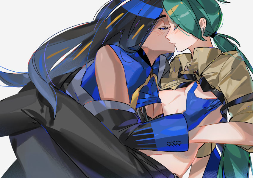 2girls between_legs black_coat black_hair black_pants blue_eyes blue_gloves blush breasts brown_shirt chinese_commentary closed_eyes clothes_lift coat collared_shirt commentary_request dark-skinned_female dark_skin geeta_(pokemon) gloves grabbing_another&#039;s_breast green_hair groping highres kiss long_hair long_sleeves multiple_girls nanaasuzy nintendo pants pokemon pokemon_sv ponytail rika_(pokemon) shirt shirt_lift simple_background sleeveless sleeveless_shirt small_breasts white_background yuri