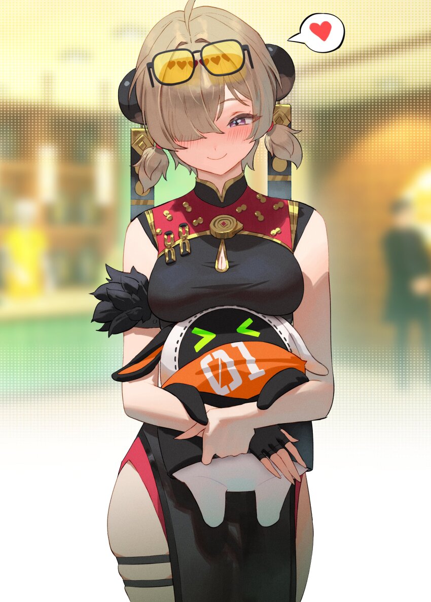 1girl absurdres ahoge bangboo_(zenless_zone_zero) black-framed_eyewear black_dress breasts brown_hair china_dress chinese_clothes closed_mouth dress eous_(zenless_zone_zero) eyewear_on_head hair_intakes highres large_breasts orange_scarf pelvic_curtain scarf skindentation smile sweety_(zenless_zone_zero) tinted_eyewear wonbin_lee yellow-tinted_eyewear zenless_zone_zero