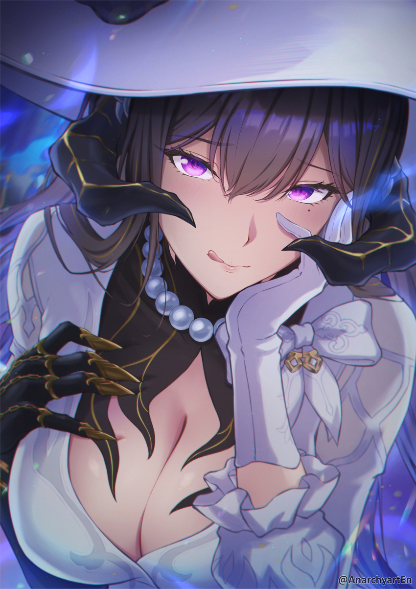 1girl anarchyart bow breasts cleavage commentary_request constance_(honkai:_star_rail) demon_girl demon_horns dress gloves hat head_rest highres honkai:_star_rail honkai_(series) horns jewelry large_breasts long_hair looking_at_viewer mole mole_under_eye necklace pearl_necklace purple_eyes smile solo tongue tongue_out very_long_hair white_bow white_dress white_gloves white_hat