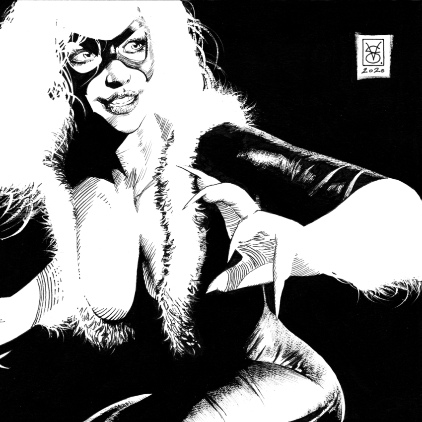 1girl 2020 artist_name black_bodysuit black_cat_(marvel) black_mask bodysuit breasts cleavage comic_cover commentary dated domino_mask english_commentary eye_mask felicia_hardy fur-trimmed_bodysuit fur_trim gloves greyscale highres latex latex_bodysuit long_hair marvel mask monochrome realistic signature simple_background smile solo spider-man_(series) superhero_costume valerio_giangiordano western_comics_(style) white_hair