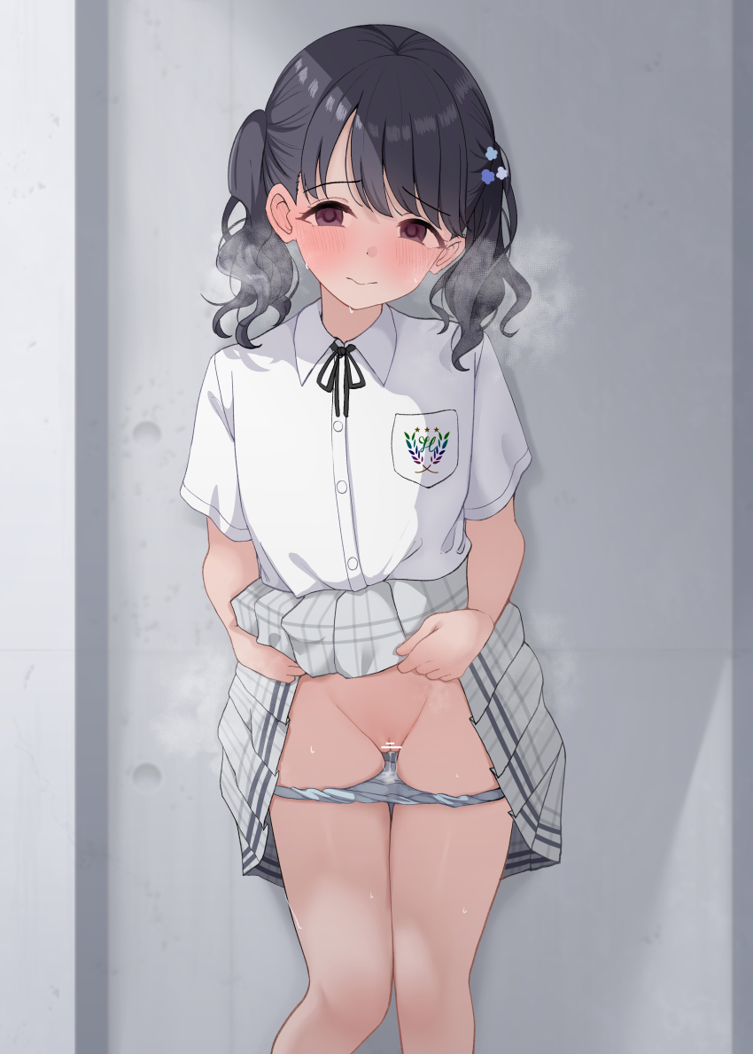 1girl absurdres bar_censor black_hair blush censored closed_mouth clothes_lift collared_shirt commentary_request feet_out_of_frame fukumaru_koito grey_skirt highres idolmaster idolmaster_shiny_colors looking_at_viewer mithrilrim panties panty_pull plaid_clothes plaid_skirt pleated_skirt purple_eyes pussy pussy_juice school_uniform shirt skirt skirt_lift solo twintails underwear white_panties white_shirt