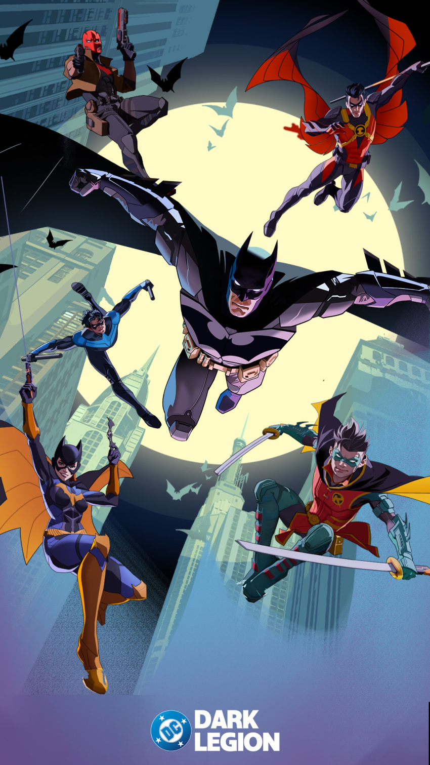 barbara_gordon bat_signal batgirl batman batman_(series) batman_symbol black_bodysuit black_gloves bodysuit brown_jacket bruce_wayne cowl damian_wayne dc:_dark_legion dc_comics dick_grayson domino_mask escrima_sticks eye_mask full_body gloves grey_bodysuit highres jacket jason_todd mask multicolored_bodysuit multiple_boys muscular muscular_male nightwing official_art open_clothes pants pectorals red_hood_(dc) red_mask red_robin robin_(dc) short_hair superhero_costume taut_bodysuit tim_drake two-tone_bodysuit