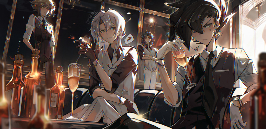 4boys ? absurdres alcohol apartment arm_on_own_leg black_gloves black_hair black_necktie black_pants black_shirt black_sky blurry blurry_foreground bottle brown_hair cerakuro commentary couch crossed_arms cup dress_shirt drinking drinking_glass drunk edo_phoenix elbow_on_arm elbow_rest english_commentary facing_another facing_to_the_side formal_clothes glint gloves grey_eyes grey_hair grin hair_slicked_back hand_in_pocket hand_up highres holding holding_cup indoors leaning_back light_blush light_particles living_room looking_at_another looking_to_the_side loose_necktie male_focus manjoume_jun marufuji_ryo multiple_boys necktie night on_couch one_eye_closed pants parted_bangs red_wine shirt side-by-side sitting sky sleeves_rolled_up smile speech_bubble spiked_hair spoken_question_mark vest waistcoat watch whiskey white_gloves white_necktie white_pants white_shirt window wine wine_bottle wine_glass yu-gi-oh! yu-gi-oh!_gx yuki_judai