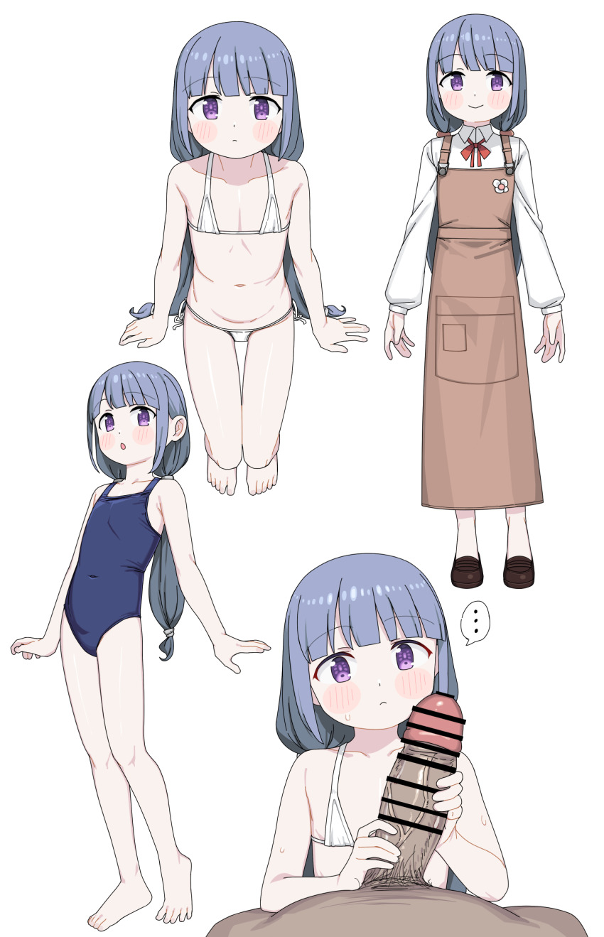 1boy 1girl :o apron bar_censor barefoot bikini blue_hair blue_one-piece_swimsuit blush censored erection expressionless flat_chest full_body handjob highres loli long_hair looking_at_viewer low_twintails multiple_views navel one-piece_swimsuit original penis purple_eyes saiste side-tie_bikini_bottom smile swimsuit thigh_gap twintails white_background white_bikini