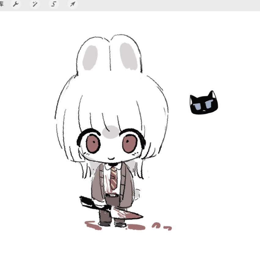 1boy animal_ears art_program_in_frame blood blood_on_clothes bloody_knife brown_cardigan brown_pants cardigan cat chibi dress_shirt formal_clothes hashtag-only_commentary highres knife looking_at_viewer male_focus necktie open_cardigan open_clothes oversized_knife pants rabbit_boy rabbit_ears rabbit_tail red_eyes red_necktie saihate_eki shirt short_hair smile solo straight-on tail tatsunami_shion white_hair white_shirt xiaoquanjiuhe