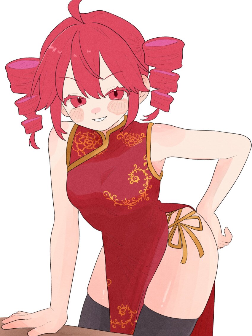 1girl alternate_costume black_thighhighs china_dress chinese_clothes dress drill_hair hashtag-only_commentary highres kasane_teto komori_kamome looking_at_viewer red_dress red_eyes red_hair side_slit sleeveless sleeveless_dress solo thighhighs twin_drills utau white_background