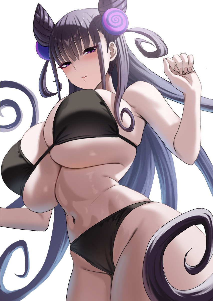 1girl absurdres bare_shoulders bikini black_bikini blush breasts brown_hair cleavage cone_hair_bun enun fate/grand_order fate_(series) hair_bun hair_ornament highres large_breasts long_hair looking_at_viewer murasaki_shikibu_(fate) navel purple_eyes solo swimsuit two_side_up very_long_hair