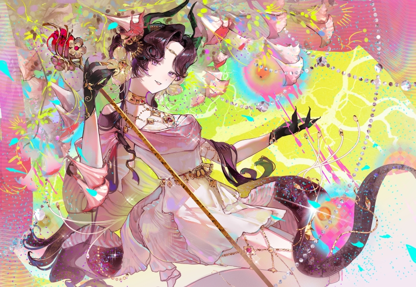 1girl absurdres anjo_nala anjo_nala_(forbidden_fruit) armlet bare_shoulders black_gloves black_hair black_horns chinese_commentary commentary_request cowboy_shot curtained_hair dress fingernails flower gloves gold_armlet gold_choker gold_thighlet hair_flower hair_ornament hair_over_shoulder hand_up head_tilt highres holding holding_pole horns jewelry long_hair looking_at_viewer official_alternate_costume outstretched_hand pink_dress pink_eyes pole reverse:1999 sharp_fingernails shechuguaguabagaban sleeveless sleeveless_dress solo tail thighlet very_long_tail