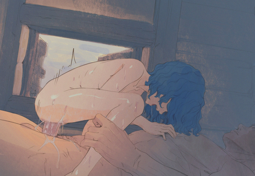 1boy 1girl berserk blue_hair butterchalk drooling erection girl_on_top grabbing_another's_leg guts_(berserk) highres indoors isma loli open_mouth penis sex sweat sweatdrop testicles twitching uncensored vaginal