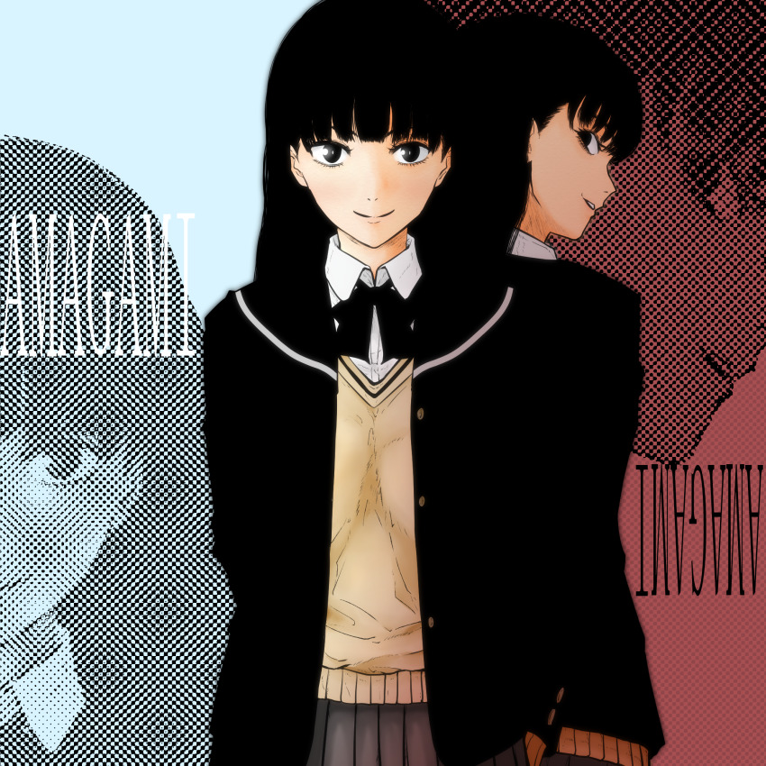 2girls amagami arms_behind_back ayatsuji_tsukasa black_bow black_bowtie black_eyes black_hair black_jacket bow bowtie collared_shirt commentary_request copyright_name dual_persona grey_skirt highres isuke_(isuke_now) jacket multiple_girls parted_lips pleated_skirt school_uniform shirt skirt smile sweater white_shirt yellow_sweater