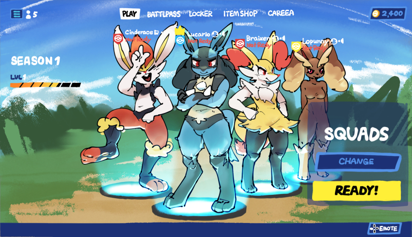 2boys 2girls braixen breasts cinderace commentary crossover english_commentary fortnite furry furry_female furry_male gen_4_pokemon gen_6_pokemon gen_8_pokemon highres lopunny lucario medium_breasts multiple_boys multiple_girls netchy_boo nintendo pokemon standing user_interface