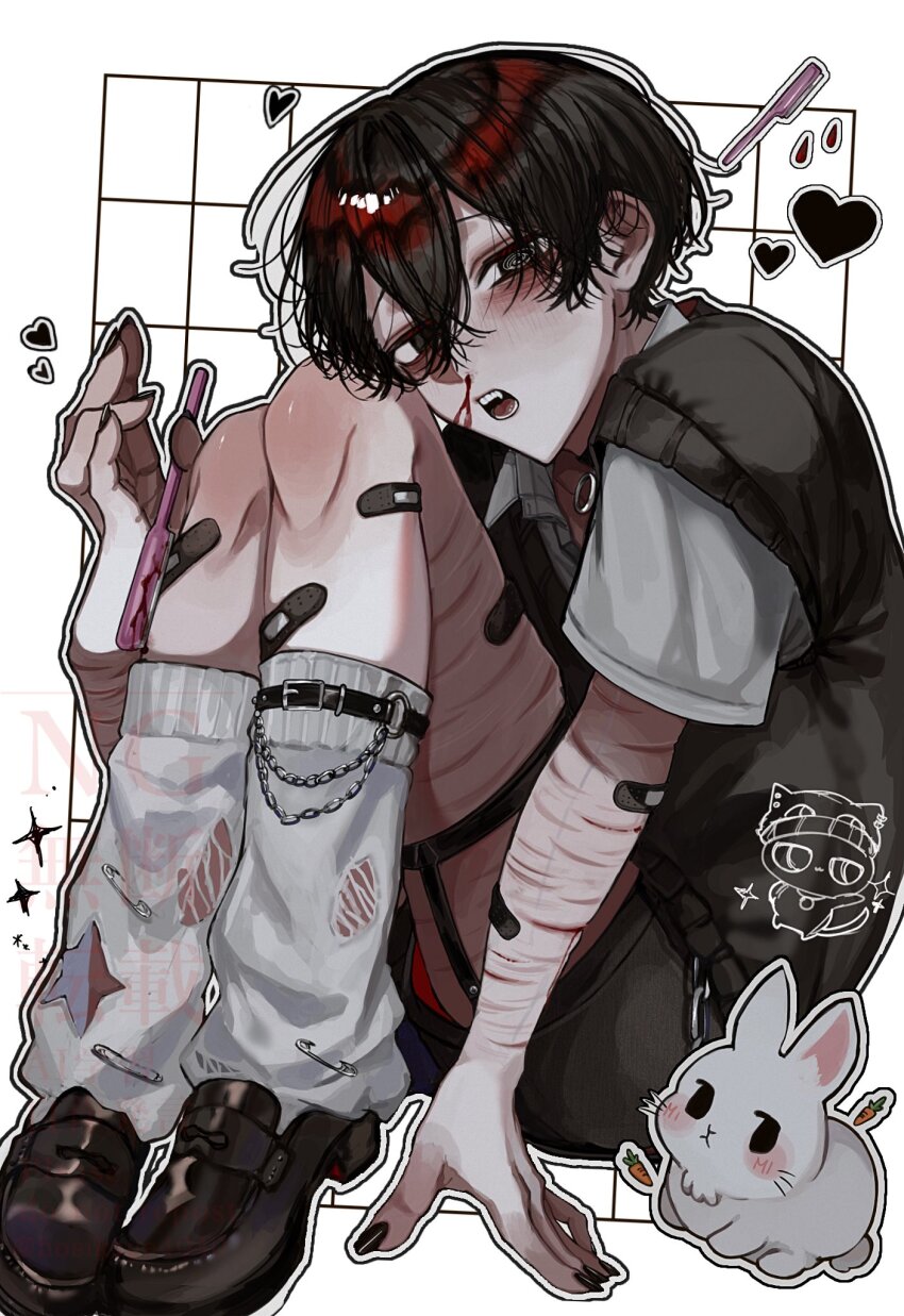 1boy @_@ aegyo_sal bandaid bandaid_on_arm bandaid_on_leg black_eyes black_hair black_nails black_vest blood commentary_request crossed_bangs double-parted_bangs eyebrow_razor fang full_body hair_between_eyes head_tilt highres hosikage4040 knees_up leg_belt legs_together looking_at_viewer male_focus nosebleed open_mouth original rabbit razor scar scar_on_arm self-harm shirt short_hair socks solo t-shirt variant_set vest white_shirt white_socks wrist_cutting