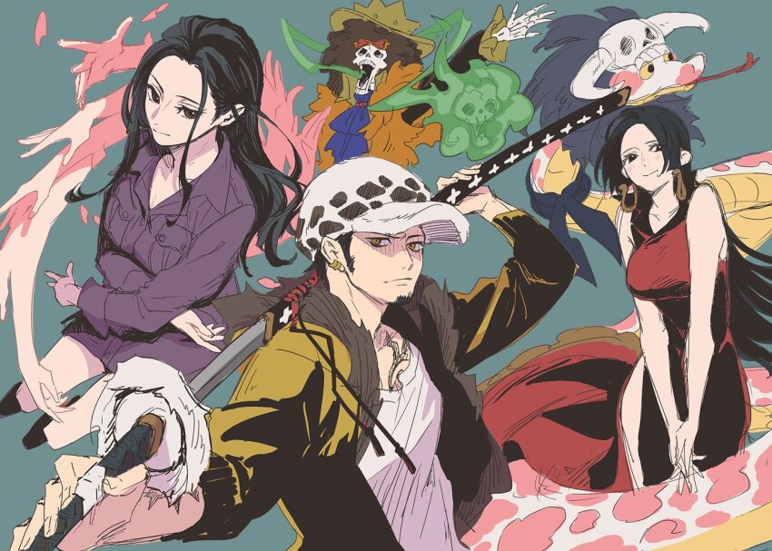 2boys 2girls afro black_eyes black_footwear black_hair boa_hancock breasts brook_(one_piece) brown_eyes brown_hair coat colored_sclera dress earrings extra_arms facial_hair feather_boa forehead goatee hana_hana_no_mi hat holding holding_weapon horns isshoku_(shiki) jewelry long_hair looking_at_viewer medium_breasts multiple_boys multiple_girls multiple_hands nico_robin one_piece purple_coat python red_dress salome_(one_piece) shirt short_hair sideburns skull sleeveless sleeveless_dress snake tongue tongue_out trafalgar_law weapon white_shirt yellow_eyes