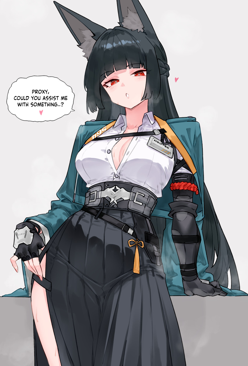 1girl absurdres animal_ear_fluff animal_ears black_gloves black_hair black_skirt bluefield braid breasts bright_pupils cleavage collared_shirt commentary_request english_text fingerless_gloves fox_ears fox_girl gloves green_jacket grey_background heart highres hoshimi_miyabi jacket long_hair long_skirt looking_at_viewer medium_breasts pleated_skirt red_eyes shirt simple_background single_fingerless_glove skirt solo speech_bubble thighs white_pupils zenless_zone_zero