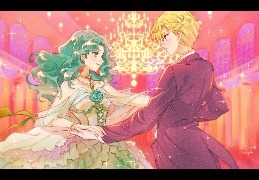 2girls bare_shoulders bishoujo_senshi_sailor_moon blonde_hair chandelier cowboy_shot dancing dress eye_contact flower green_flower green_hair green_rose highres hmng indoors jewelry kaiou_michiru letterboxed long_hair looking_at_another multiple_girls necklace parted_lips rose short_hair ten'ou_haruka wavy_hair