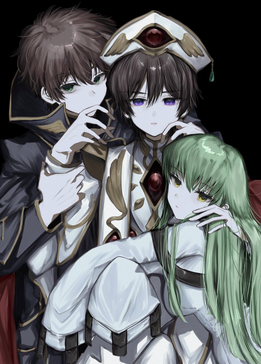 1girl 2boys black_background brown_hair c.c. cape code_geass gem green_eyes green_hair hand_on_another's_shoulder hat high_collar highres holding_another's_arm kururugi_suzaku lelouch_vi_britannia long_hair long_sleeves looking_at_viewer multiple_boys nndm_ak purple_eyes short_hair visible_ears white_hat yellow_eyes