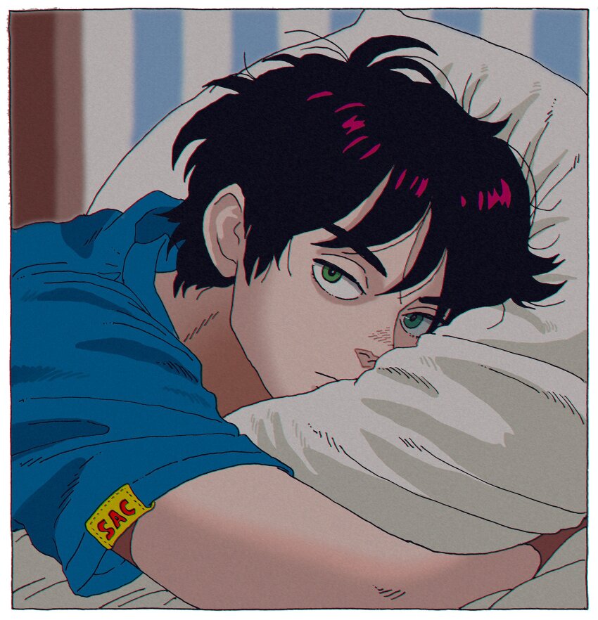1boy absurdres black_hair blue_eyes blue_shirt border closed_mouth hand_under_pillow highres hugging_object kaneoya_sachiko looking_at_viewer lying male_focus on_stomach original pillow pillow_hug sanpaku shirt short_sleeves solo t-shirt white_border