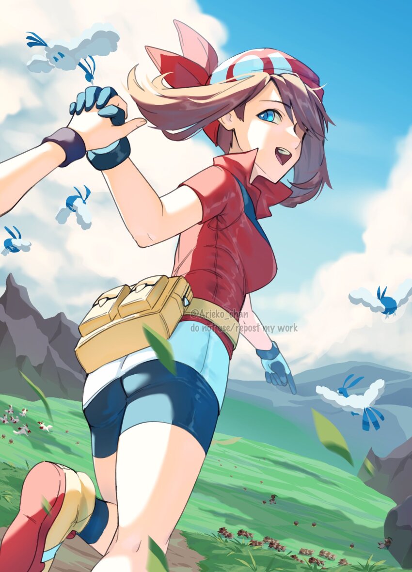 2girls altaria ariekochan artist_name bandana black_shorts breasts brown_hair buruma commentary english_commentary english_text gen_3_pokemon highres jacket leaf_(pokemon) long_hair may_(pokemon) medium_breasts multiple_girls nintendo nuzleaf pokemon pokemon_(creature) pokemon_rse pov red_bandana red_jacket seedot short_sleeves shorts solo_focus swablu twitter_username watermark zangoose zigzagoon