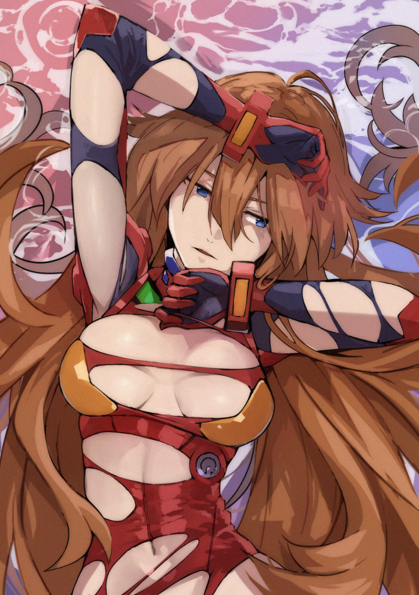 1girl blue_eyes bodysuit breasts commentary_request curvy evangelion:_3.0+1.0_thrice_upon_a_time hair_down highres large_breasts long_hair lying mecha_pilot_suit navel neon_genesis_evangelion on_back orange_hair plugsuit_(evangelion) rebuild_of_evangelion red_bodysuit shiny_clothes shiny_skin souryuu_asuka_langley torn_bodysuit torn_clothes very_long_hair water wide_hips yagisawa_teru