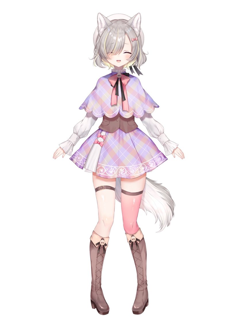 1girl ^_^ animal_ears arikita_rifa boots capelet closed_eyes dog_ears dog_girl dog_tail full_body grey_hair guild_cq hat highres long_sleeves plaid_capelet plaid_clothes plaid_skirt rucaco second-party_source shirt simple_background skirt solo tail vest virtual_youtuber white_shirt