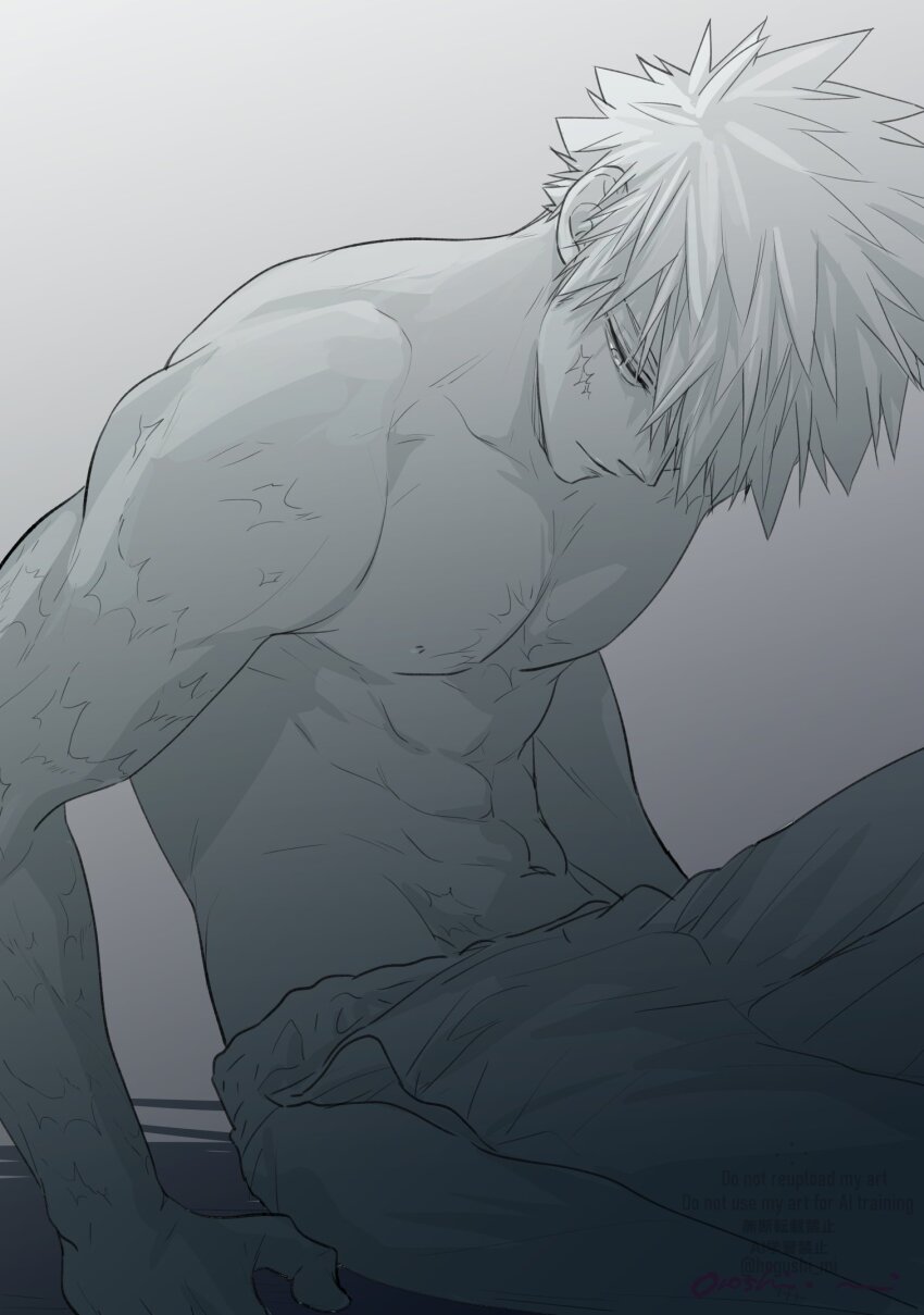 1boy abs bakugou_katsuki boku_no_hero_academia greyscale highres looking_to_the_side male_focus monochrome oroshi_mi pants pectorals scar scar_on_arm scar_on_chest scar_on_face short_hair sitting solo spiked_hair sweatpants toned toned_male topless_male watermark