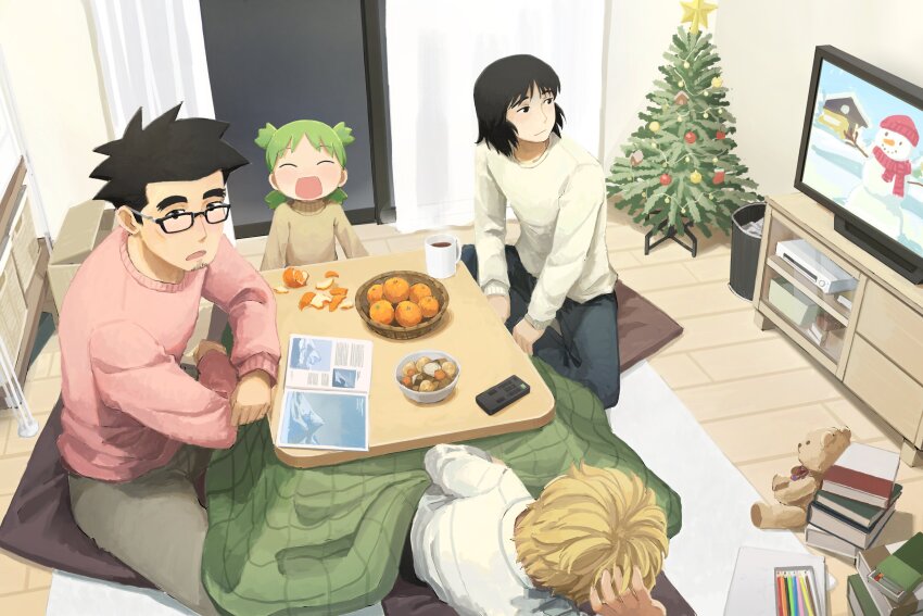 1girl 3boys :d ^_^ absurdres black-framed_eyewear black_hair black_pants blonde_hair book book_stack bowl brown_sweater character_request christmas christmas_tree closed_eyes closed_mouth controller curtains food fruit glasses green_hair head_rest highres indoors koiwai_yotsuba kotatsu labuyoi long_sleeves lying mandarin_orange mr._koiwai multiple_boys on_side open_mouth orange_peel pants pencil pink_sweater quad_tails remote_control short_hair sitting smile stuffed_animal stuffed_toy sweater table teddy_bear television white_sweater yotsubato!