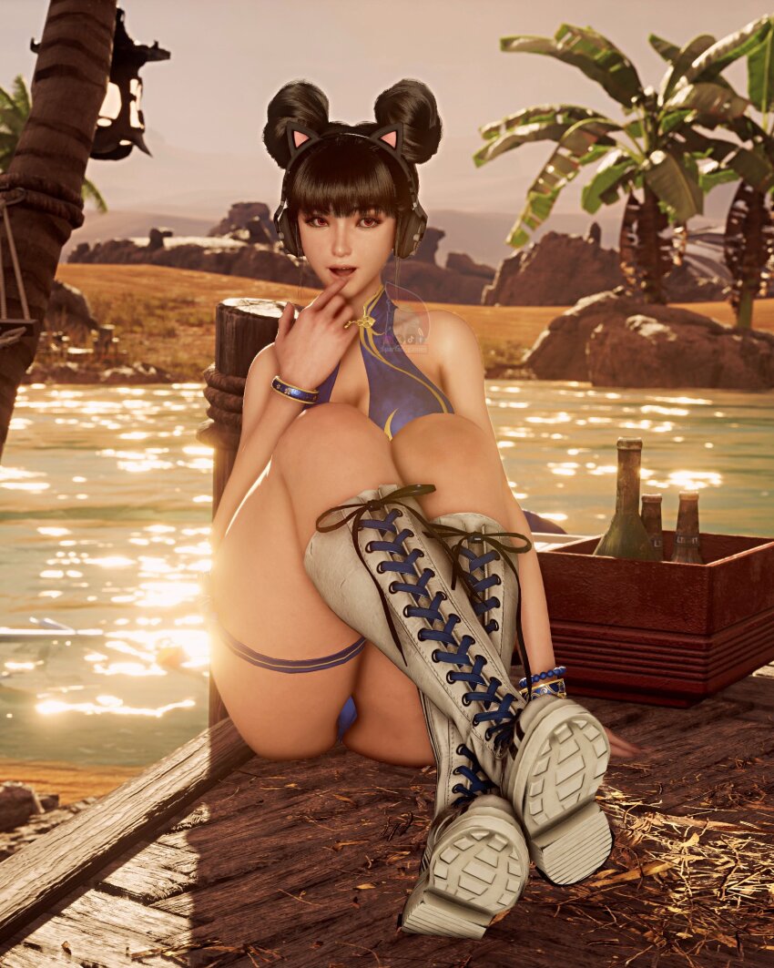 1girl 3d animal_ears ass bad_tag bikini black_hair blue_bikini blue_monsoon_(stellar_blade) bottle crotch eve_(stellar_blade) fake_animal_ears finger_to_mouth game_cg hair_buns lake oasis open_mouth outdoors shoes sitting stellar_blade swimsuit tree water