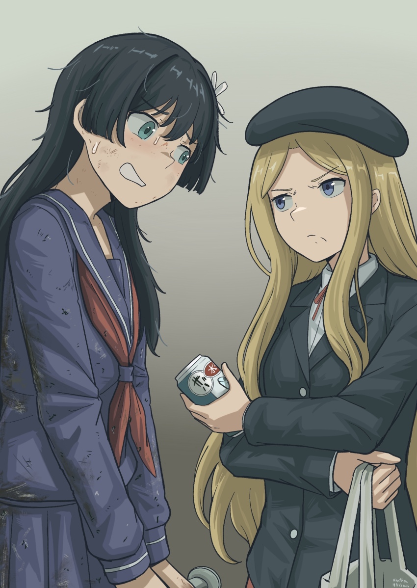 2girls absurdres bag beret black_hair black_jacket blazer blonde_hair blue_eyes blue_jacket blue_sailor_collar blue_skirt can canned_food collared_shirt commentary disheveled english_commentary flower frenda_seivelun frown grafhou grocery_bag hair_flower hair_ornament hat highres jacket long_hair messy_hair multiple_girls neckerchief nervous_smile pleated_skirt red_neckerchief sailor_collar sakugawa_school_uniform saten_ruiko school_uniform serafuku shirt shopping_bag simple_background skirt smile toaru_kagaku_no_railgun toaru_kagaku_no_railgun_s toaru_majutsu_no_index white_shirt