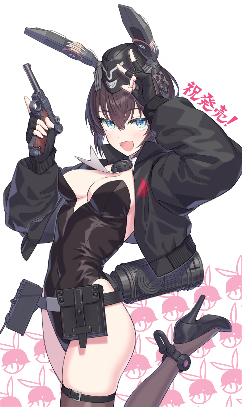 1girl animal_ears belt belt_pouch black_jacket black_leotard blue_eyes breasts brown_hair commentary_request covered_navel fake_animal_ears fang fingerless_gloves garrison_cap gloves gun hair_between_eyes handgun hands_up hat high_heels highres holding holding_weapon jacket leg_up leotard long_sleeves looking_at_viewer luger_p08 mechanical_ears medium_breasts medium_hair necktie open_mouth playboy_bunny pouch rabbit_ears samaru_(seiga) skin_fang smile solo thigh_belt thigh_strap thighhighs translation_request trigger_discipline w weapon