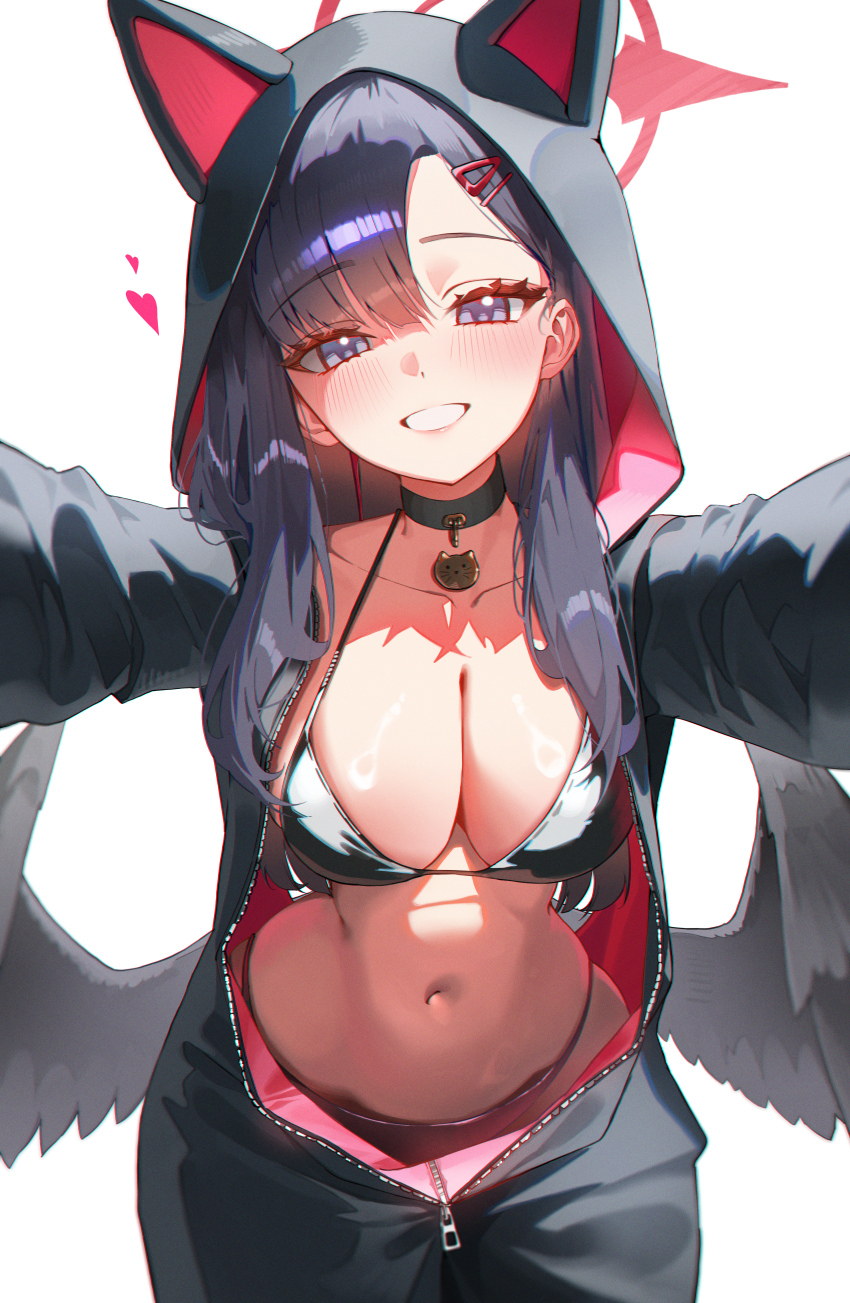 1girl absurdres animal_ear_hood bikini black_bikini black_hair black_jacket black_pants black_wings blue_archive blue_eyes breasts cat_choker cleavage clothing_request commentary domi_(hongsung0819) fake_animal_ears feathered_wings halo highres hood hood_up ichika_(blue_archive) jacket large_breasts long_hair looking_at_viewer low_wings navel open_clothes open_jacket pants red_halo solo stomach swimsuit symbol-only_commentary wings