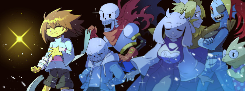 1other 3boys 3girls absurdres alphys asgore_dreemurr bandages blue_jacket blue_skin breasts brown_hair closed_eyes colored_skin crossed_arms eyepatch frisk_(undertale) glasses goat_boy goat_girl grin highres jacket kounago_chirimen multiple_boys multiple_girls papyrus_(undertale) polka_dot_vest purple_vest red_scarf sans_(undertale) scarf skeleton smile teeth toriel undertale undyne utdr_(toby_fox) vest