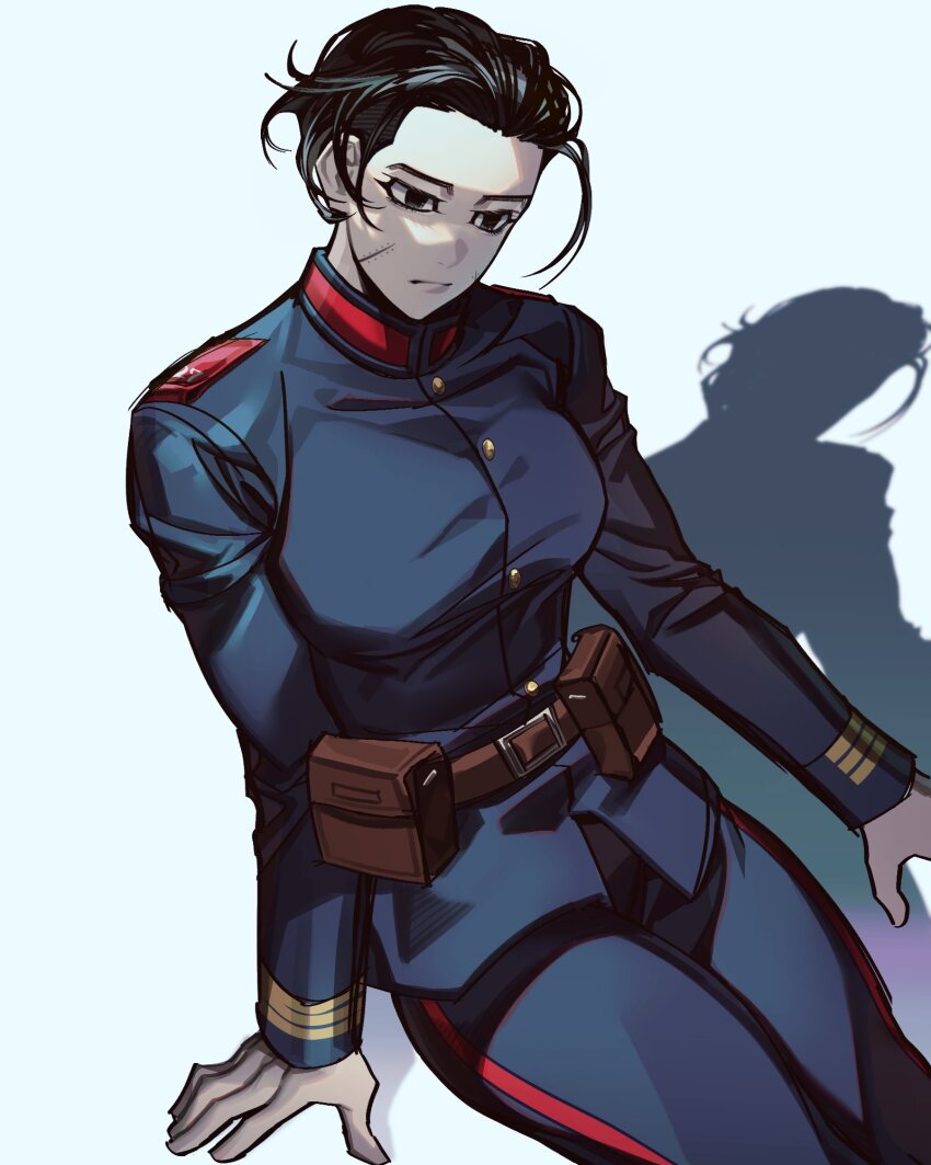 1girl arm_support belt black_eyes black_hair blue_jacket blue_pants brown_belt buttons closed_mouth commentary_request genderswap genderswap_(mtf) golden_kamuy highres jacket korean_commentary looking_ahead messy_hair ogata_hyakunosuke pale_skin pants rakkonabe scar scar_on_face sitting