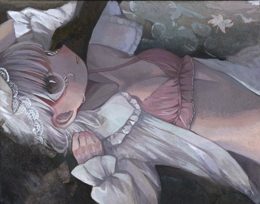 1girl 1other bra breasts commentary_request grey_eyes hand_on_another's_cheek hand_on_another's_face highres looking_up lying monou_pico on_back open_clothes open_shirt original pink_bra puritan_collar shirt small_breasts smile tears underwear upper_body white_hair white_shirt