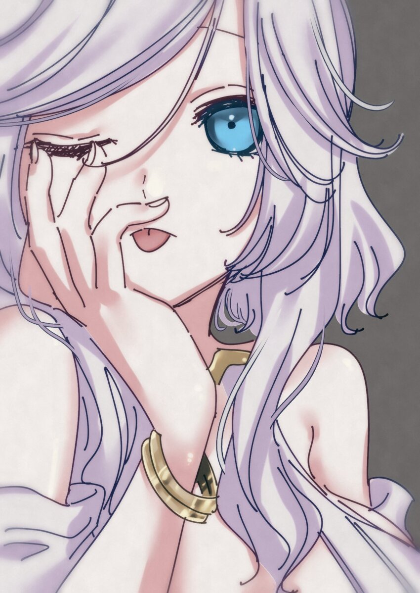 1girl animal_ears bare_shoulders blue_eyes breasts cat_ears commentary_request highres long_hair looking_at_viewer lunacia_(nyanko_daisensou) nako_(milkyway-miffy) nyanko_daisensou solo white_hair