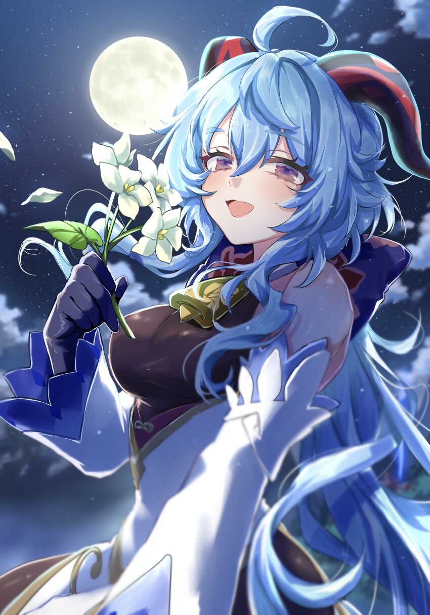 1girl ahoge bare_shoulders bell blue_hair blush bow breasts detached_sleeves flower ganyu_(genshin_impact) genshin_impact gold_trim highres holding holding_flower horns long_hair looking_at_viewer low_ponytail medium_breasts moon neck_bell night open_mouth ponytail purple_eyes qingxin_flower sidelocks smile solo tsubakiharuki white_flower white_sleeves