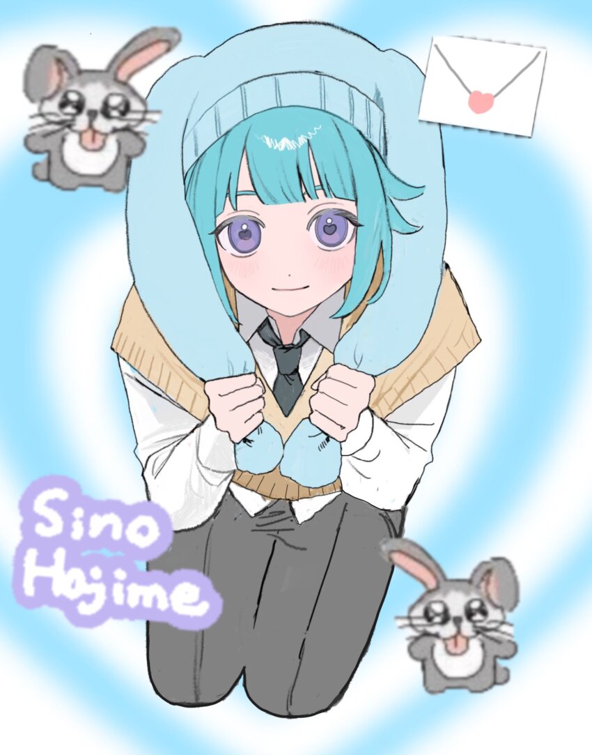 animal_hat black_necktie blue_background blue_hair ensemble_stars! grey_pants hat highres letter light_blush light_smile looking_at_viewer male_focus necktie pants purple_eyes rabbit rabbit_hat seiza shino_hajime shirt sitting sonoda36 sweater white_background white_shirt