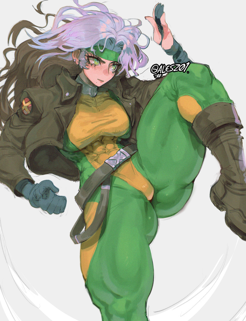 1girl abs absurdres artist_name belt bodysuit boots breasts bright_pupils brown_hair collar colored_bangs combat_boots commentary english_commentary eyelashes fighting_stance gabriel_ales gloves gluteal_fold green_bodysuit green_eyes green_headband grey_background hair_intakes half_gloves headband highres jacket knee_up large_breasts leather leather_boots long_hair loose_belt marvel metal_collar mole mole_under_mouth multicolored_bodysuit multicolored_hair muscular muscular_female parted_bangs rogue_(x-men) simple_background superhero_costume two-tone_bodysuit two-tone_hair wavy_hair white_hair white_pupils x-men x_(symbol) yellow_bodysuit