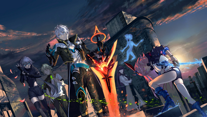 2boys 3girls absurdres animal_ears black_bodysuit black_boots black_coat black_gloves black_jacket black_pants black_shorts black_thighhighs blue_boots blue_eyes blue_gloves blue_hair bodysuit boots city cleavage_cutout closed_eyes clothing_cutout cloud cloudy_sky coat crossover elbow_gloves fingerless_gloves fox_ears fu_hua fu_hua_(shadow_knight) gloves green_hair grey_hair hair_between_eyes hand_up hands_up highres holding holding_sword holding_weapon hologram honkai_(series) honkai_impact_3rd jacket katana kevin_kaslana lab_coat long_hair long_sleeves looking_at_viewer looking_down low_ponytail mei_(honkai_impact) multiple_boys multiple_girls official_alternate_costume open_clothes open_jacket outdoors pants pink_hair ponytail prometheus_(honkai_impact) purple_eyes purple_hair shirt short_hair short_sleeves shorts single_glove single_thighhigh skavenprime sky sleeves_rolled_up standing su_(honkai_impact) sunset sword thighhighs weapon white_hair white_shirt yae_sakura yae_sakura_(goushinnso_memento)