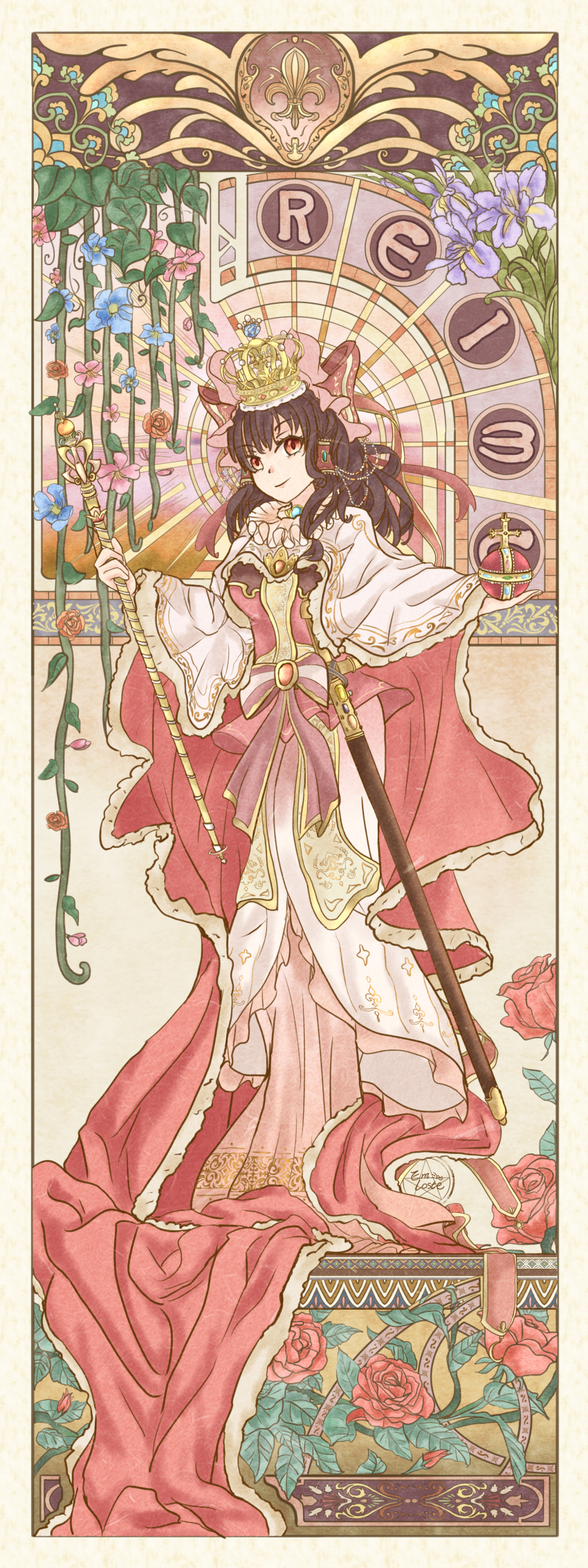 1girl absurdres alternate_costume artist_name blue_flower bow breasts brown_hair cape character_name closed_mouth commentary crown dress emloste english_commentary flower flower_request full_body hair_bow hair_tubes hakurei_reimu highres holding holding_scepter long_hair medium_breasts pink_dress purple_flower queen red_bow red_cape red_eyes red_flower red_rose rose scepter sheath sheathed smile solo sword touhou two-sided_cape two-sided_fabric weapon white_cape