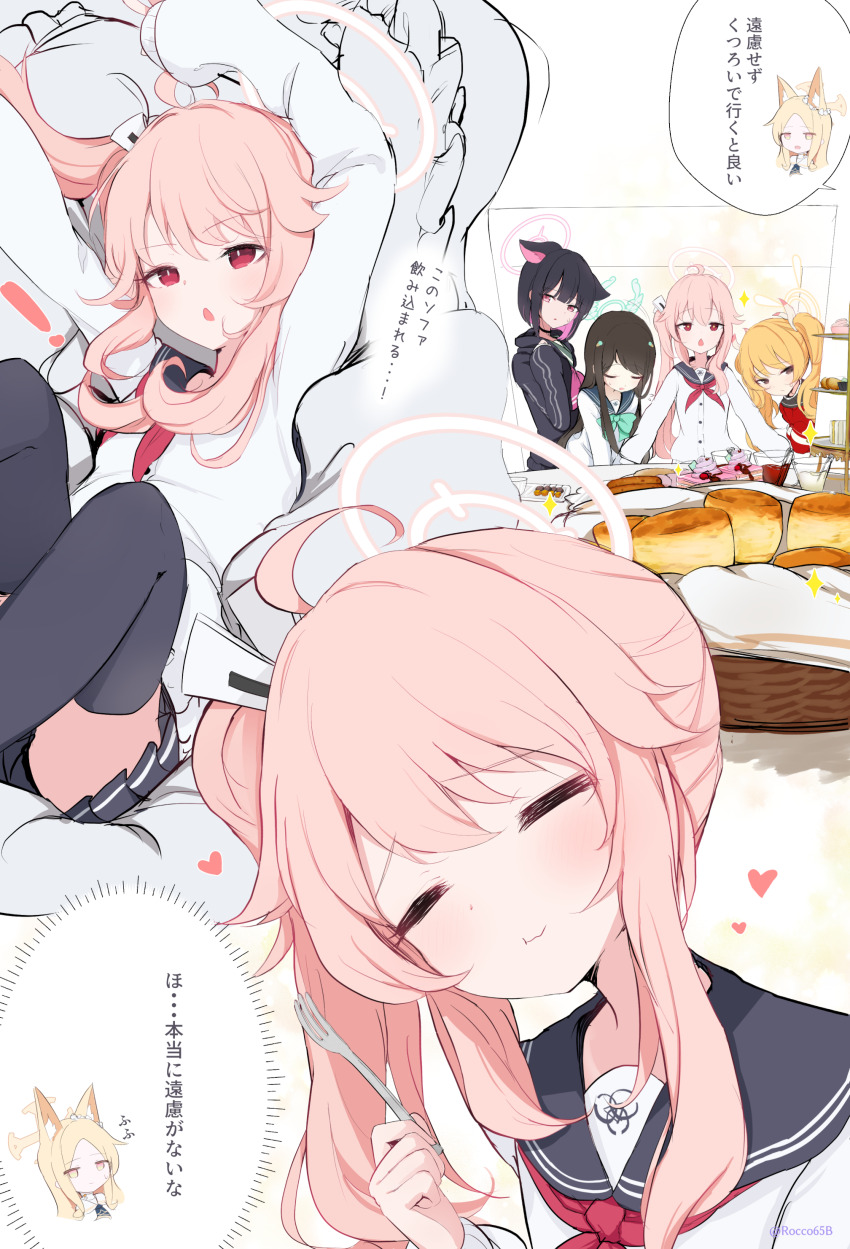 5girls airi_(blue_archive) blue_archive bread food japanese_text kazusa_(blue_archive) multiple_girls natsu_(blue_archive) pink_hair sakurano_rocco school_uniform seia_(blue_archive) side_ponytail simple_background white_background yoshimi_(blue_archive)